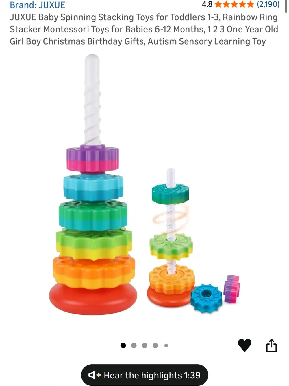 Montessori Spinning Stacking Gear Toy for baby & toddler 12m - 3 yrs old 14”